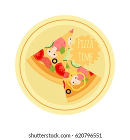 Cartoon pizza with tomato, pepper, cucumber, mushroom, olive, basil, meat. Cartoon flat style.
