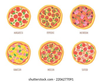 Cartoon pizza top view. Italian or hawaiian pizzas with toppings, slice piece pepperoni cheese mushrooms meat ingredients european cuisine, round food set neat vector illustration of pizza italian