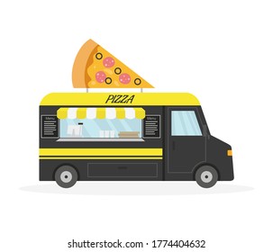 Cartoon Pizza trailer, street food. Vector illustration.