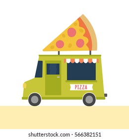 Cartoon Pizza Truck. Pop Up Cafe. Vector Hand Drawn Illustration