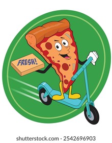 A cartoon pizza-man delivers a pizza.