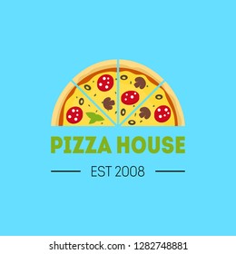 Cartoon Pizzeria Sign Color Card Poster Half Pizza Food Concept Flat Design Style Label or Badge for Your Business. Vector illustration
