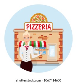 Cartoon pizzeria. Vector flat illustration. Restaurant Waiter Vector. Classic Waiter Takes The Order. Isolated Flat Cartoon Character Illustration. Order pizza