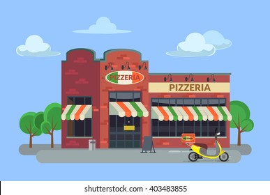 Cartoon pizzeria. Vector flat illustration