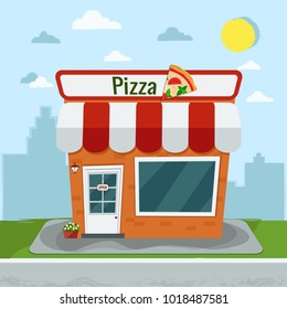 Cartoon pizzeria. Vector illustration. Flat design.