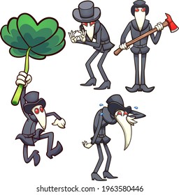 Cartoon plague doctor character in different poses. Vector clip art illustration with simple gradients. Each on a separate layer. 
