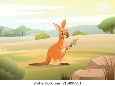 Cartoon plain landscape with cute happy little kangaroo holding green twig vector illustration