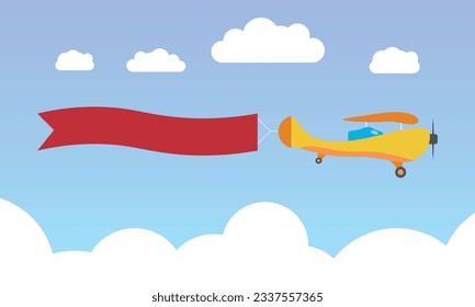 Cartoon Plane banner in flat style. Airplane advertisement vector illustration with copy text.
