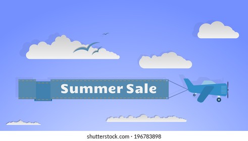 Cartoon plane with banner flying among sky and clouds.