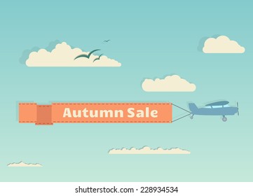 Cartoon plane with banner flying among sky and clouds. Autumn sale banner.