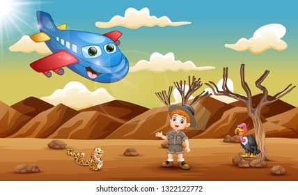 Cartoon plane and a boy in the desert