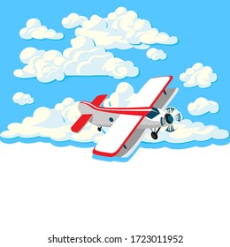 El avión de caricatura vuela sobre un fondo de nubes blancas y cielo azul. Ilustración vectorial.