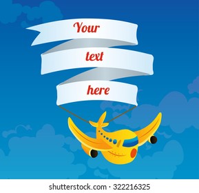 Cartoon plane with fly banner in the cloudy sky