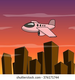 Cartoon plane fly over the city. Vector illustration