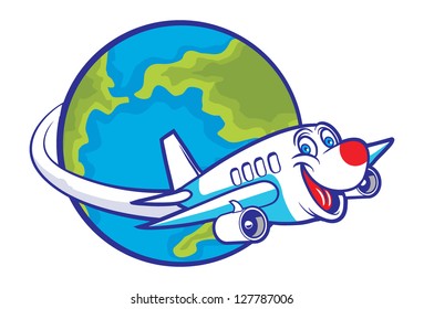 avión de dibujos animados volando por todo el mundo