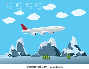 Cartoon plane info graphics with winter mountains