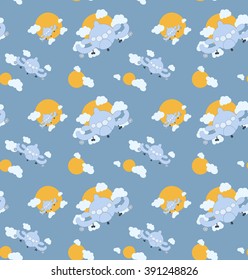 Cartoon plane seamless baby pattern with sun and clouds. Light blue color background. Vector illustration.