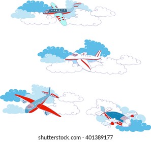 Cartoon planes flying among sky and clouds. Vector illustration.