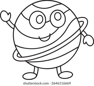 Cartoon Planet Character Illustration with Black and White Lines, Featuring a Smiling Face, Waving Hand, and Wearing Glasses, Against a Transparent Background
