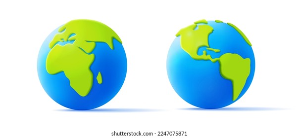 Cartoon planet Earth 3d vector icon in green and blue colours, volume continents, 3d render style