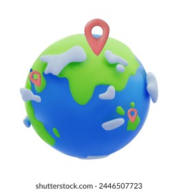 Icono de Vector 3d en fondo blanco, globo terráqueo con punto de ubicación rojo, un viaje por el mundo ilustración 3D