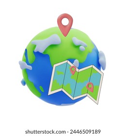 Cartoon planet Earth 3d vector icon white flat map on white background, a trip around the world  illustration 3D, vacation illustration 
