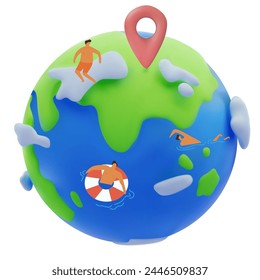 Cartoon planet Earth 3d vector icon white flat people on the water on white background, a trip around the world  illustration 3D, vacation illustration 