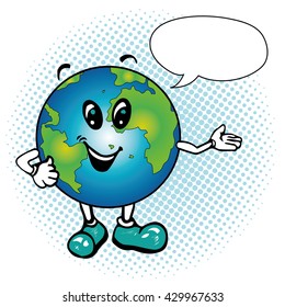 Cartoon planet Earth character showing welcome/ presenting sign. Vector illustration in pop art comic style with speech bubble