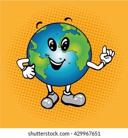 Cartoon planet Earth character showing IDEA sign. Vector illustration in pop art comic style 