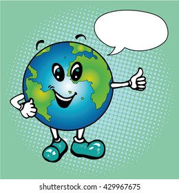 Cartoon planet Earth character showing GOOD sign. Vector illustration in pop art comic style with speech bubble