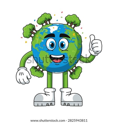 Cartoon planet earth character with trees giving thumbs up character earthday