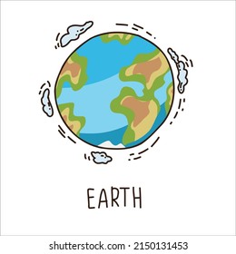 Cartoon planet Earth with cute clouds. Vector illustration. Hand drawn illustration.