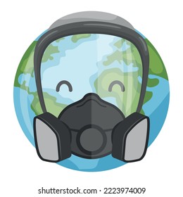 Diseño de planeta de dibujos animados con máscara respiratoria para el día de la Tierra, día nacional de prevención de la contaminación, día mundial del medio ambiente. Concepto de prevención contra la contaminación ambiental y cuidado de nuestro planeta