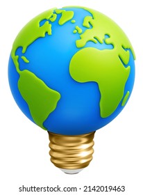Cartoon planet Earth in form of light bulb. International Day of Energy Saving or Earth Hour concept. Save green planet or environment conservation concept. Vector illustration