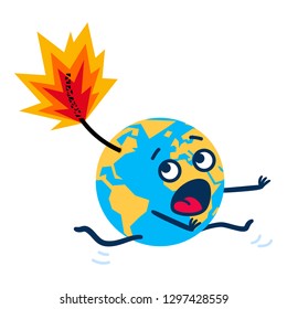 Cartoon planet earth globe with burning fuse running, doom, climate change, isolated on white background