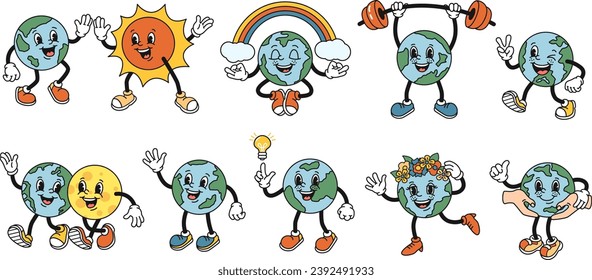 Cartoon planet Earth. Globe mascot with Sun and Moon in style of 1930s rubber hose character. Isolated vector illustration set of character mascot world