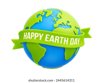 Cartoon planet Earth and green ribbon with "Happy Earth Day" text. Earth day or environmental protection, save our green planet, save the Earth concepts. 3d eco friendly design. Vector illustration