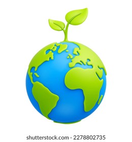 Cartoon planet Earth with green sprout and leaves 3d vector icon on white background. Earth day, ecology, nature and environment conservation concept. Save green planet concept svg