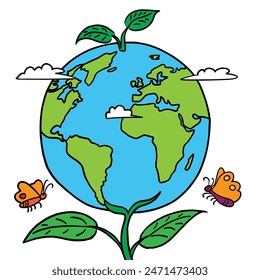 Cartoon planet Earth with green sprout vector icon on white background. Earth day, ecology, nature and environment conservation concept. Save green planet concept,  Line art illustration.