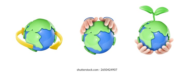 Cartoon planet Earth with green sprout and leaves on white background. Save the planet symbols. Planet Earth day or Environment day collection. Vector illustration