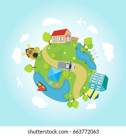 Cartoon Planet Earth with Houses, Ocean, Roads Flat Style Design Eco Concept. Vector illustration