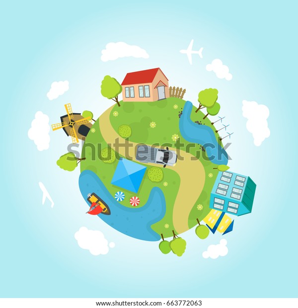 Cartoon Planet Earth with\
Houses, Ocean, Roads Flat Style Design Eco Concept. Vector\
illustration