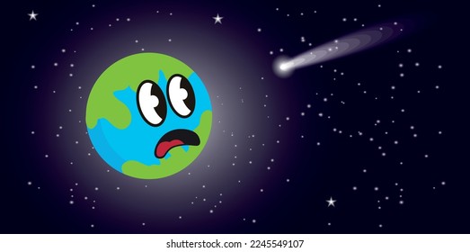 cartoon planet earth mascot looking scared at the approaching comet. Vector illustration