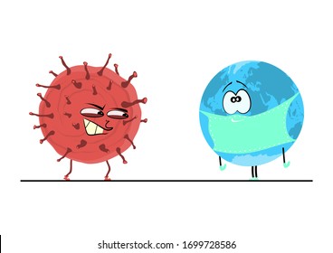Cartoon planet earth in a mask against coronavirus. Flat vector.