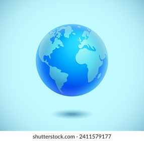 Cartoon planet Earth on a blue background. Concept for Planet Earth Day or Environment Day. A bright and healthy green planet. Realistic vector illustration. 10 EPS