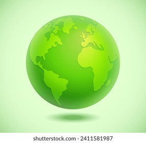 Cartoon planet Earth on a green background. Concept for Planet Earth Day or Environment Day. A bright and healthy green planet. Realistic vector illustration. 10 EPS