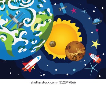 Cartoon planet Earth in open space with satellites.