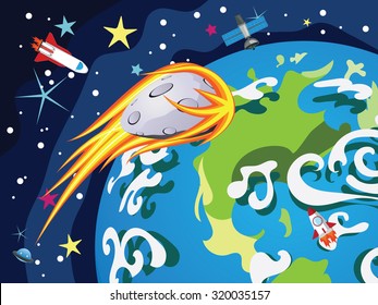 Cartoon planet Earth in open space with satellites.