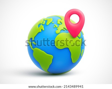 Cartoon planet Earth with red pointer 3d vector icon on white background. World traveling or GPS navigation concept. Vector illustration