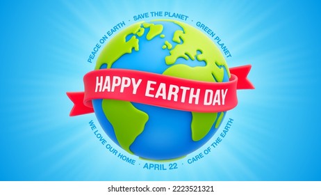 Cartoon planet Earth with red ribbon and "Happy Earth Day" text. Earth day or environmental protection concept. Save our green planet concept. Vector illustration